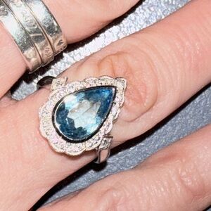 Huge Pear Aquamarine Diamond Halo Collectors Estate Ring 💎
